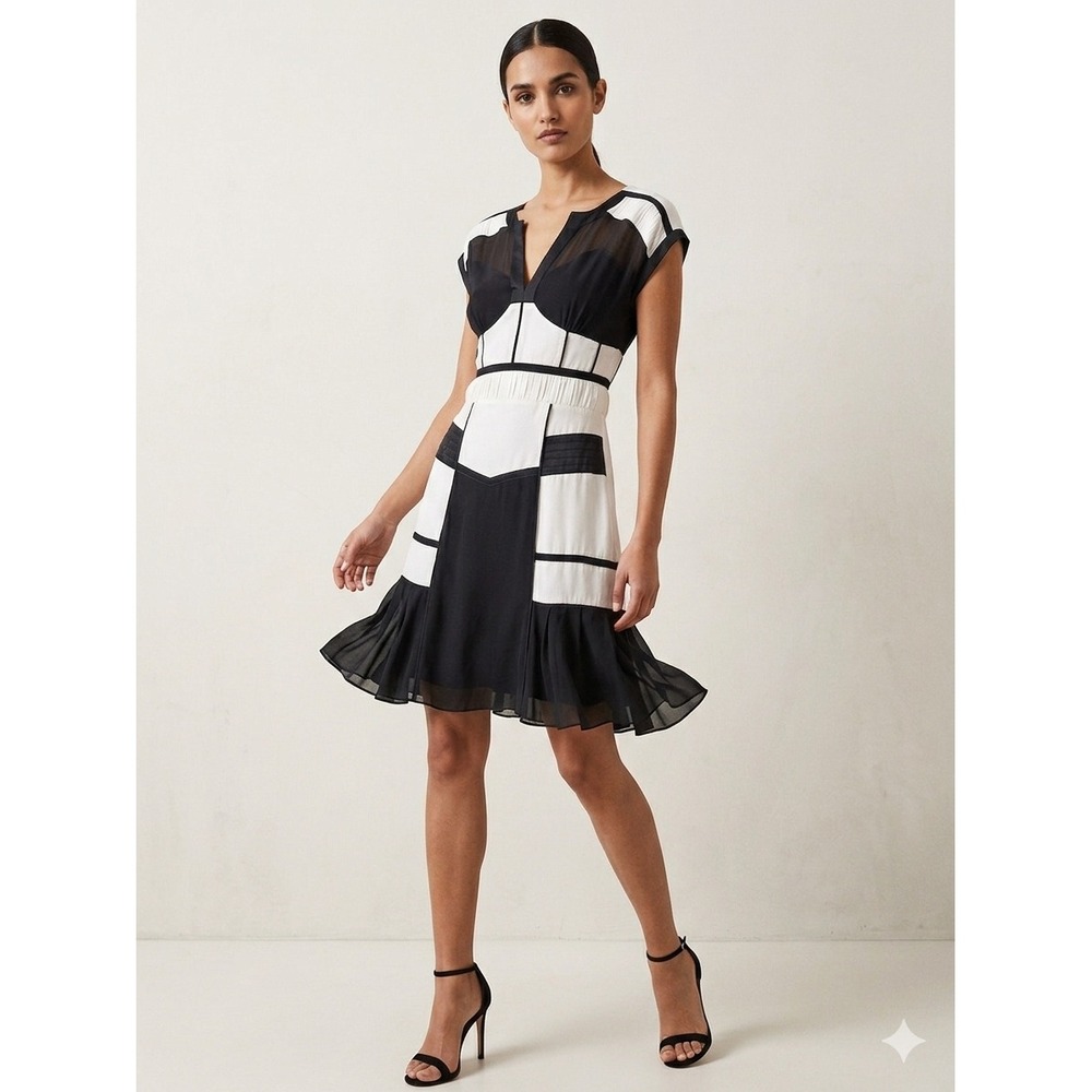Karen Millen Dress Womens Black White Colorblock Silk Blend Ruffle Cocktail